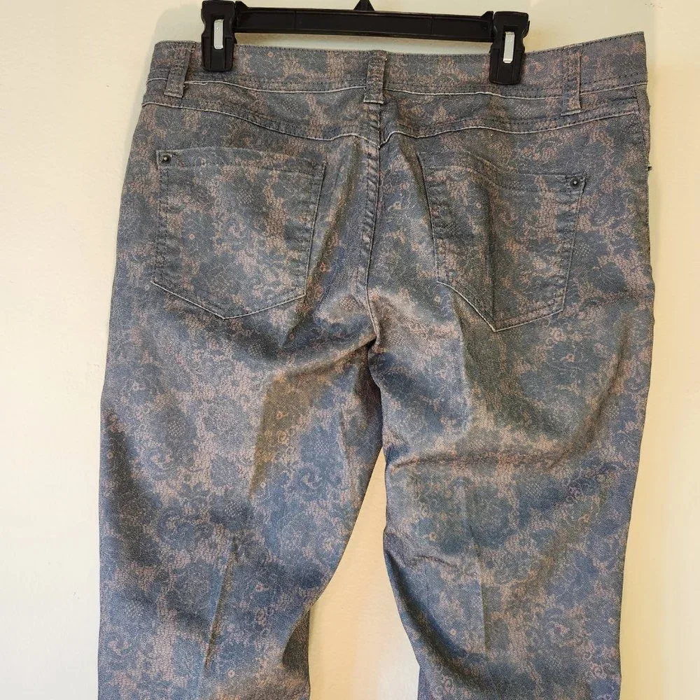 Ink Denim Bluegreen/Gold Brocade Paisley Floral Damask Stretch Pants Size 12